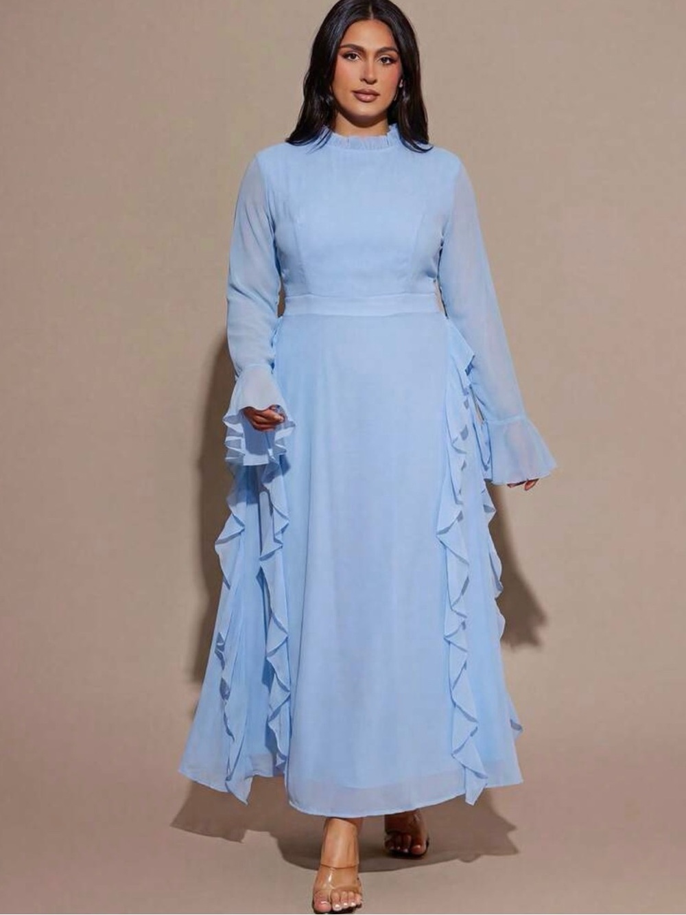 Sky Blue Ruffle-Accent Long Sleeve Maxi Dress